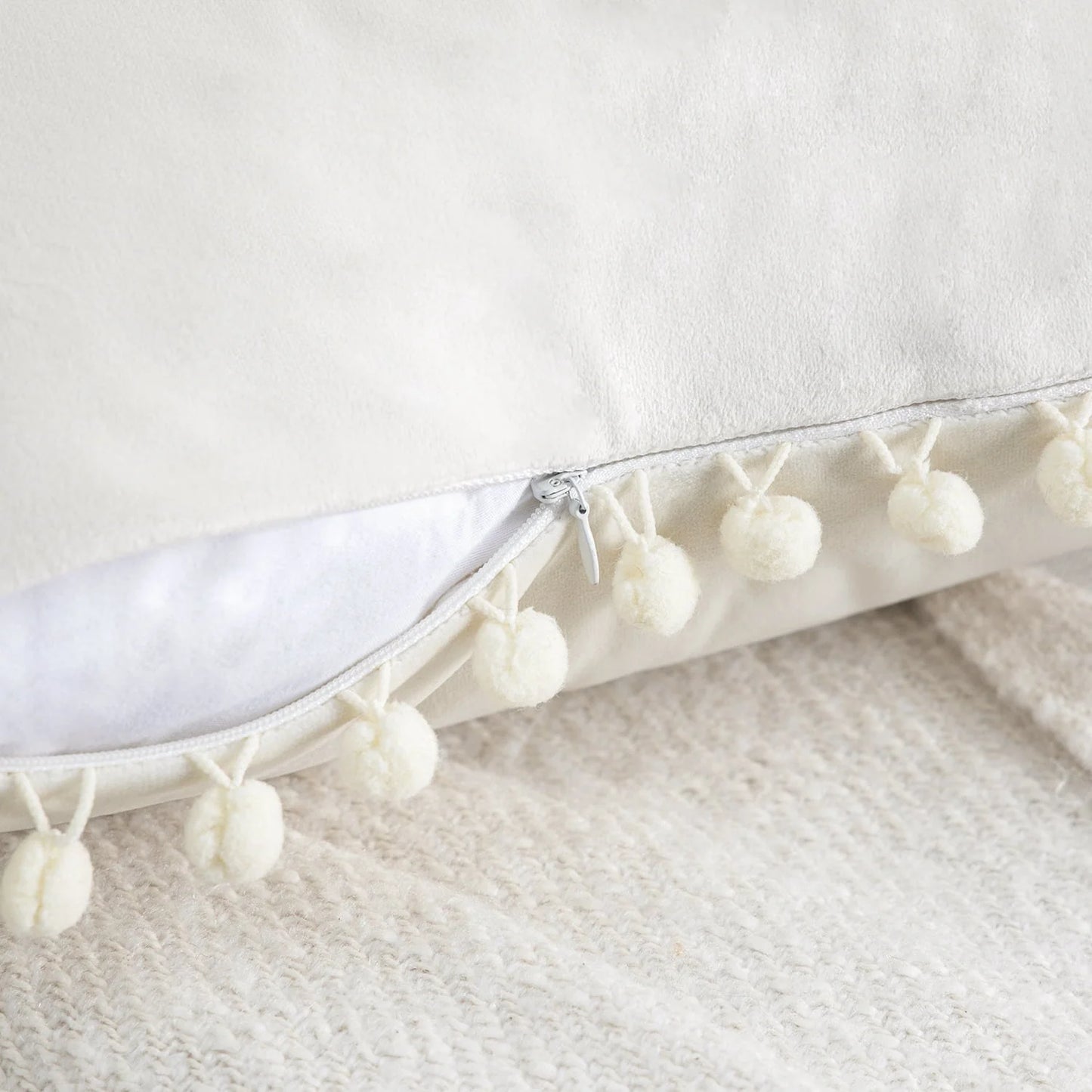 Phantoscope Throw Pillow with Insert,Silky Velvet Series Pom Pom Decorative pillow, 18" x 18", Off White, 2 Pack