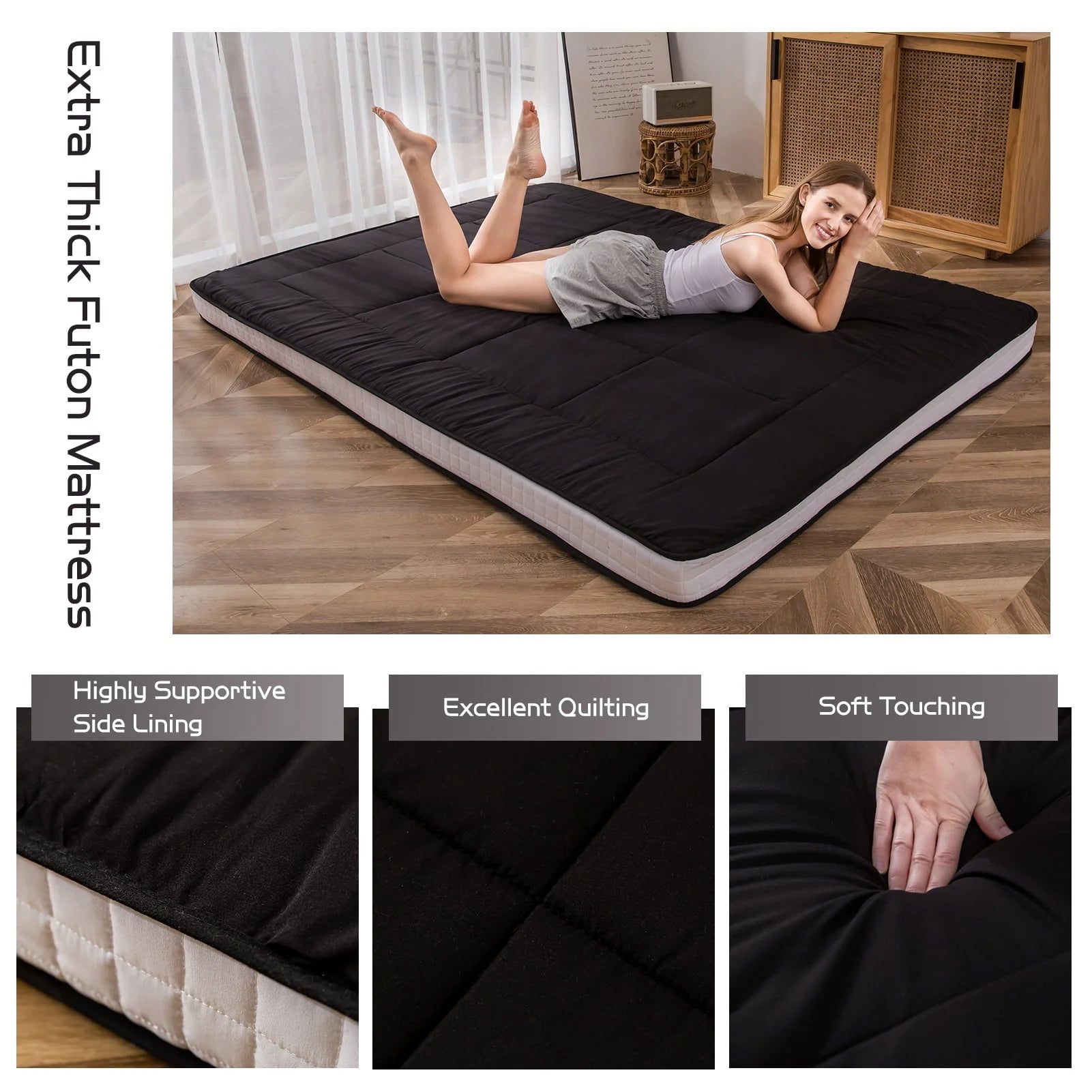 Mattress, Padded Japanese Floor Mattress Quilted Bed Mattress Topper, Extra Thick Folding Sleeping Pad, Black, Twin