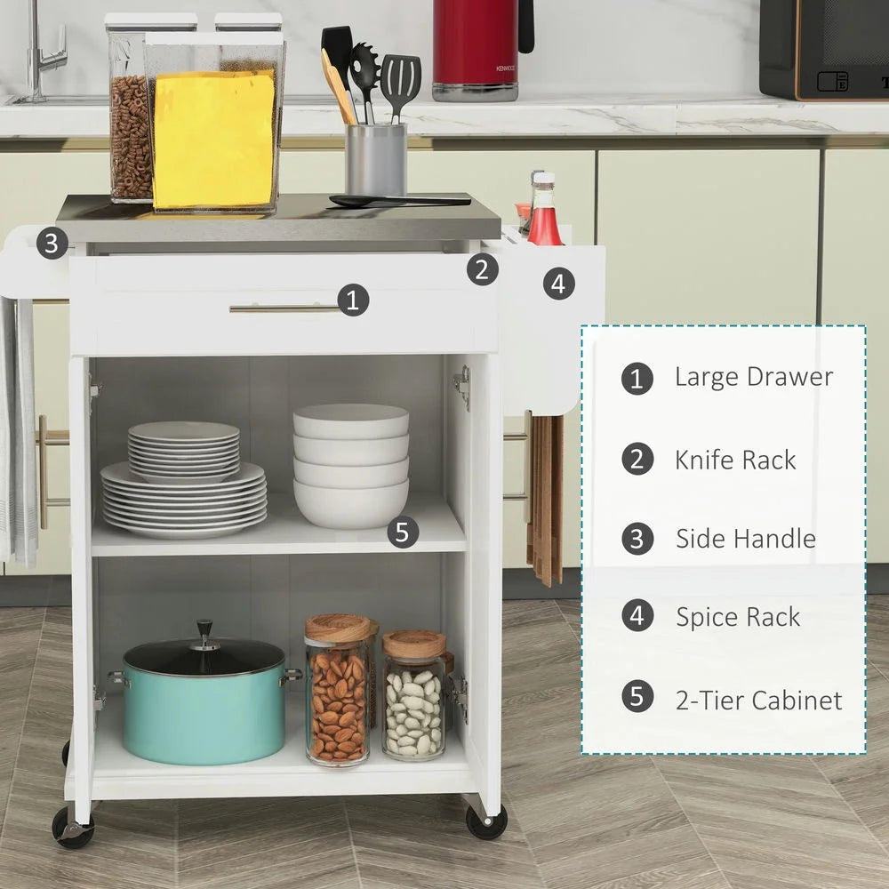 Barara King Kitchen Island,Rolling Island on Wheels, Kitchen Island Cart with Drawer, Towel Rack & Stainless Steel Countertop, Cream White