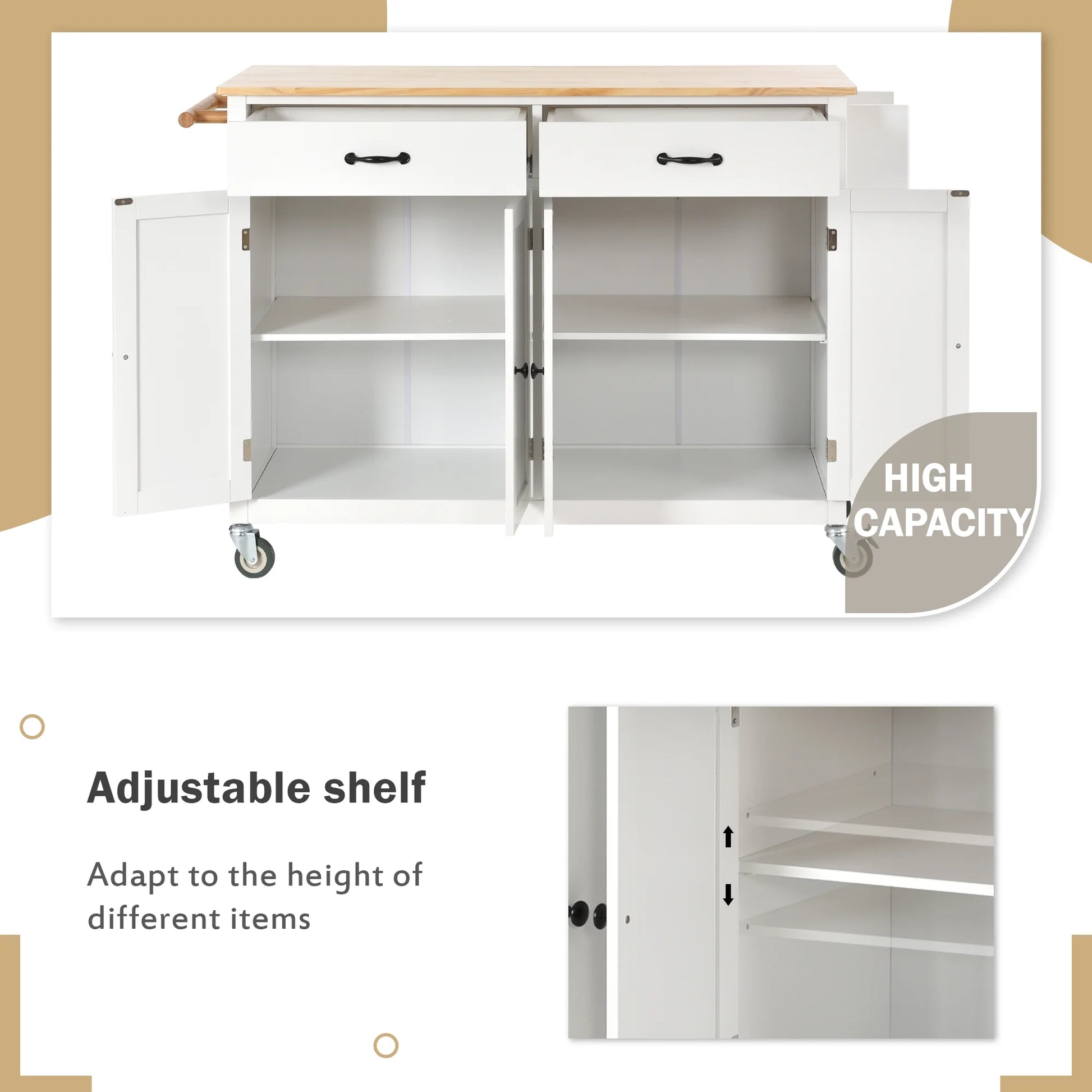 Aukfa Rolling Kitchen Island Cart with Storage Towel Racks & 4 Door Cabinet, White