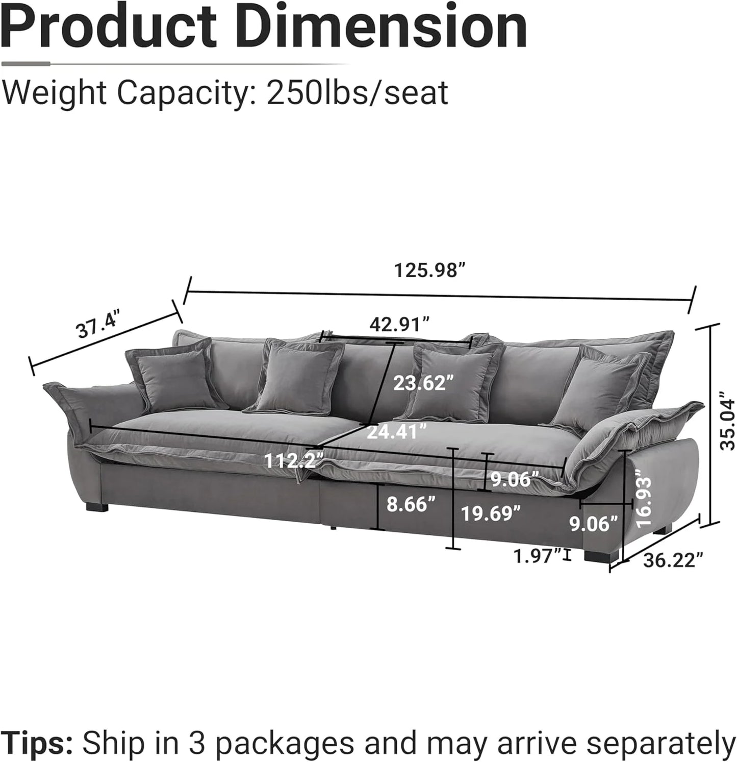 125.98 Inch Sailing Design Modular Sectional Cloud Sofa with Storage, Modern Deep Seat Couch w/Throw Pillows & Removable Backrest for Living Room Bedroom Apartment,Grey