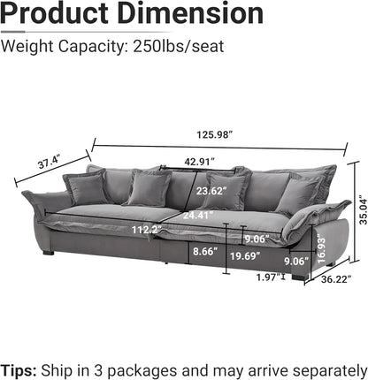 125.98 Inch Sailing Design Modular Sectional Cloud Sofa with Storage, Modern Deep Seat Couch w/Throw Pillows & Removable Backrest for Living Room Bedroom Apartment,Grey