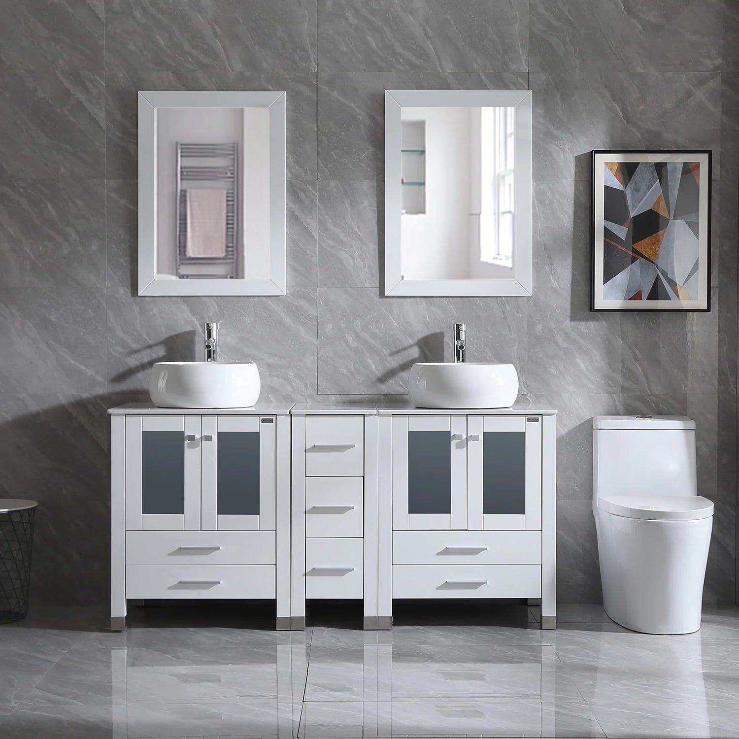 Wonline 60" Bathroom Vanity Wood Cabinet Double Ceramic Sink w/Mirror White