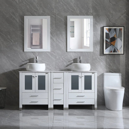 Wonline 60" Bathroom Vanity Wood Cabinet Double Ceramic Sink w/Mirror White