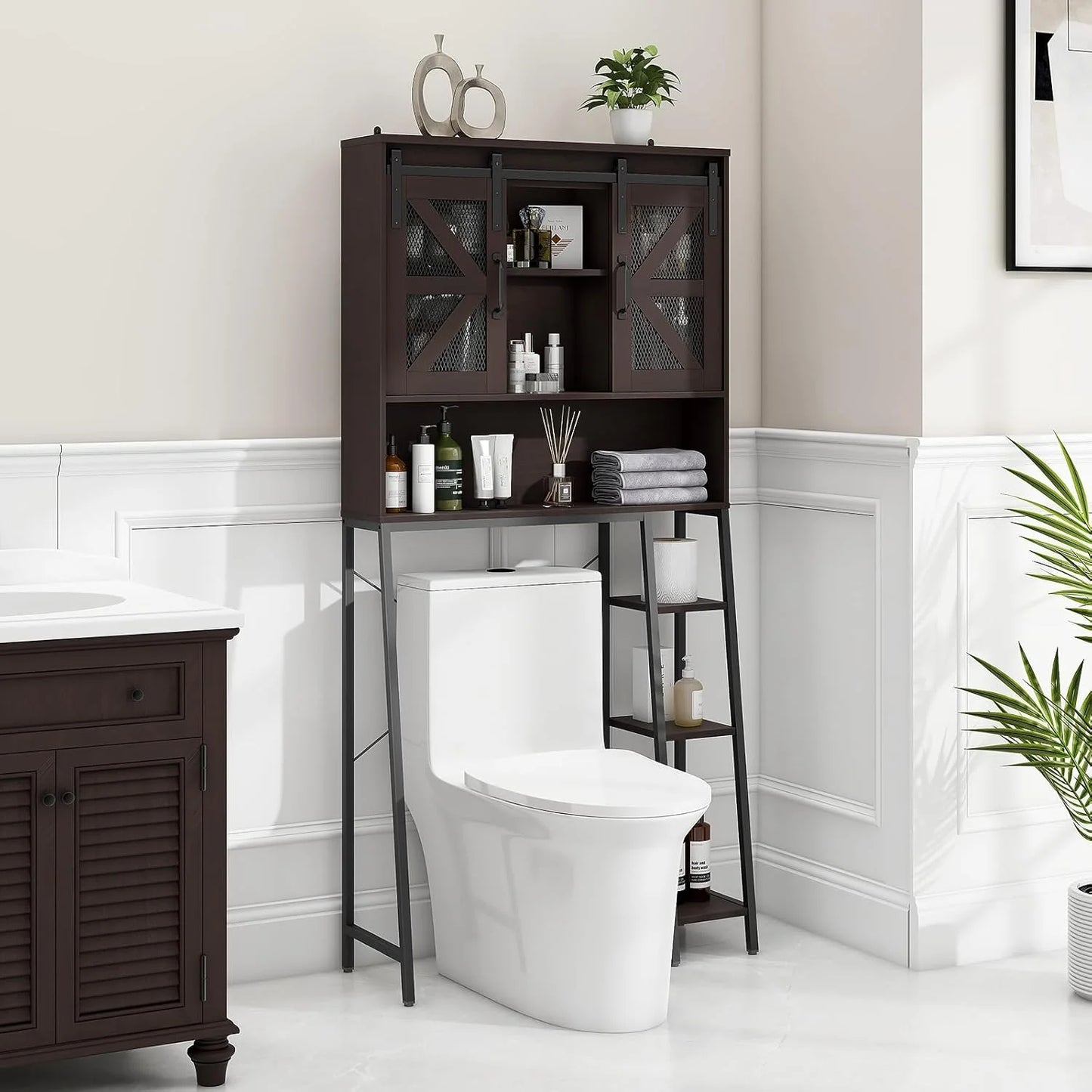 Vabches Over The Toilet Storage Cabinet with Toilet Paper Holder Stand, Above Toilet with Adjustable Shelf & 2 Doors