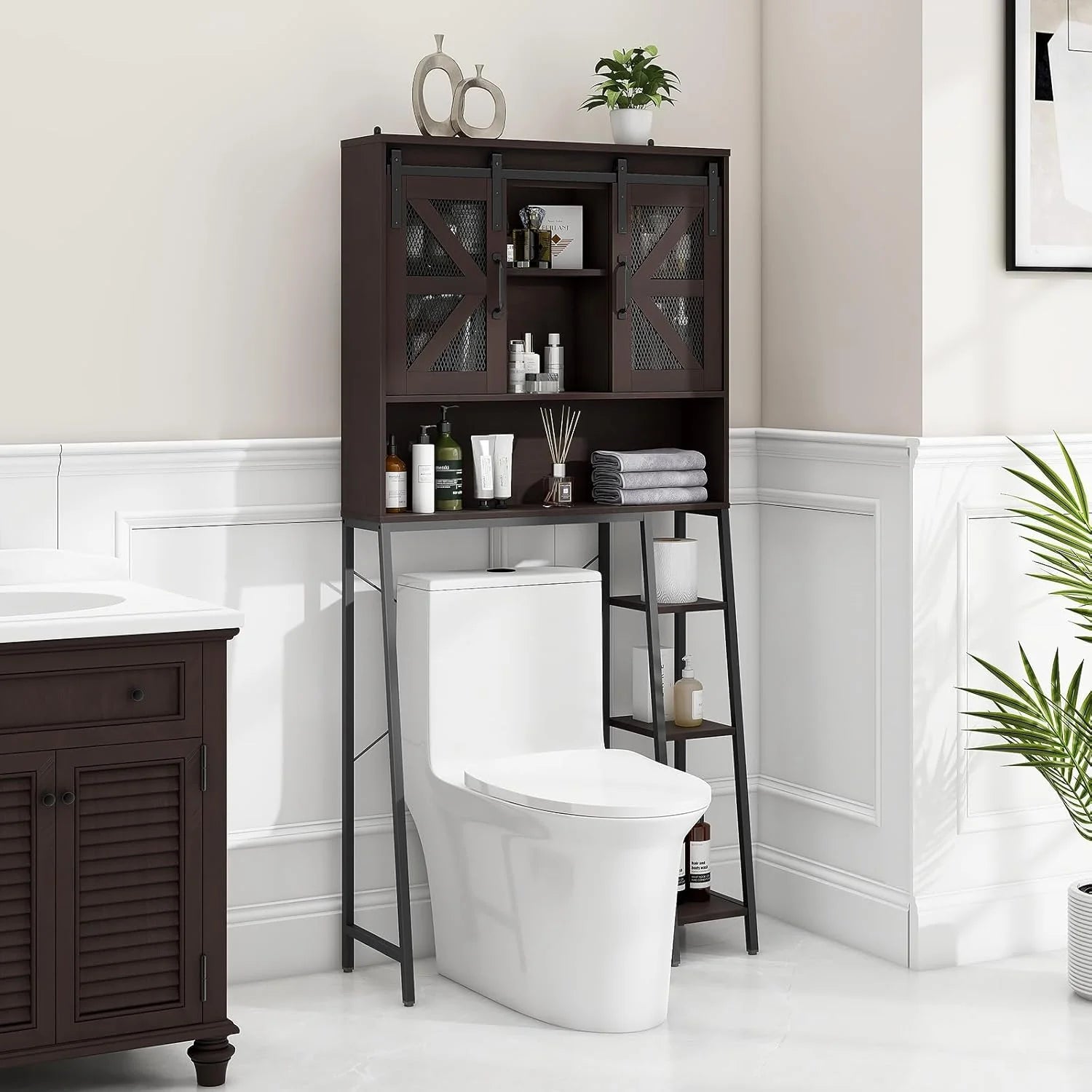 Vabches Over The Toilet Storage Cabinet with Toilet Paper Holder Stand, Above Toilet with Adjustable Shelf & 2 Doors