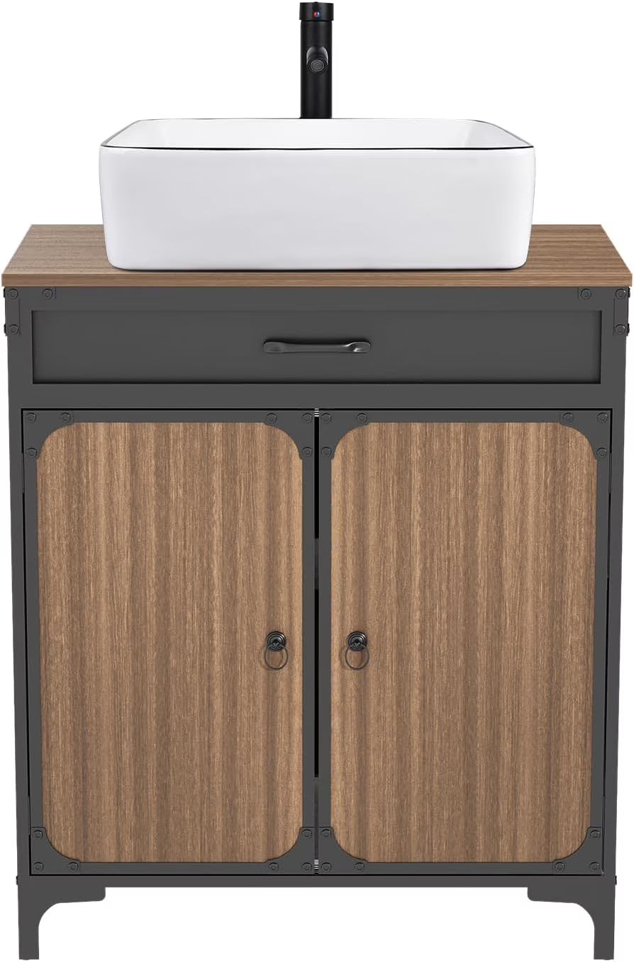 PULUOMIS Bathroom Vanity, 30" Bathroom Vanity with Sink Combo Set, Brown Modern Wood Bathroom Cabinet with Black Ceramic Bathroom Sink