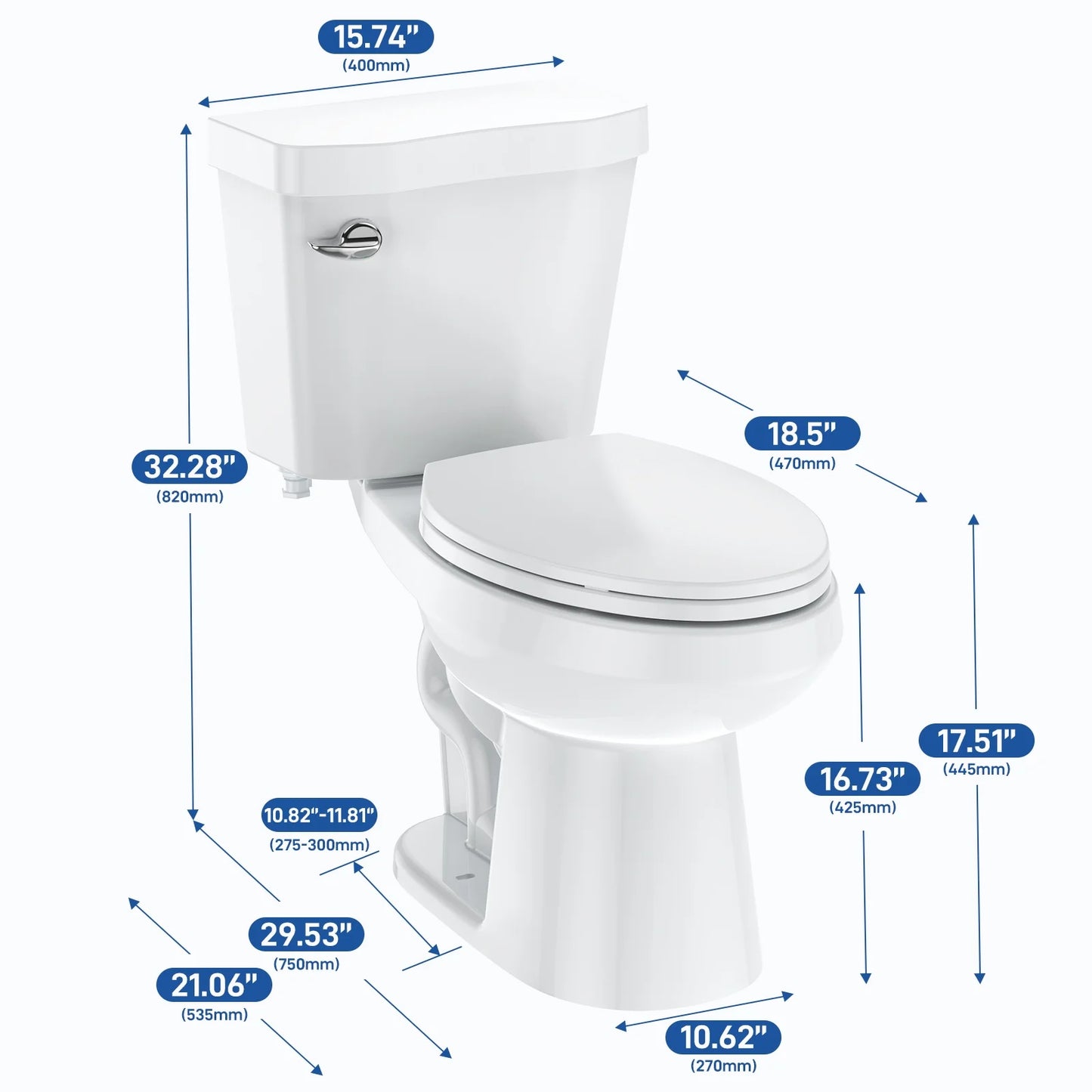 Two Piece Toilet, Elongated ADA 17" Height, Side Press Flush Split Toilet with Under-Locking Lid, Toilets for Bathrooms Comfort, Powerful Flushing American Standard Toilet, White