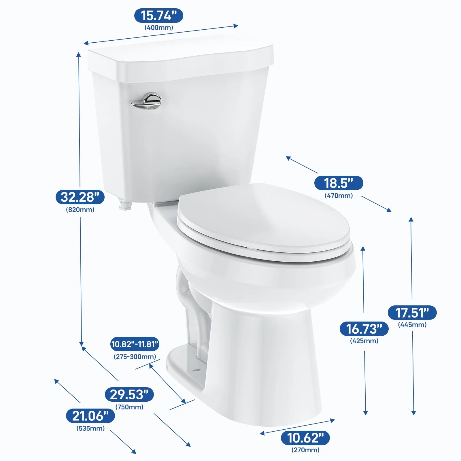 Two Piece Toilet, Elongated ADA 17" Height, Side Press Flush Split Toilet with Under-Locking Lid, Toilets for Bathrooms Comfort, Powerful Flushing American Standard Toilet, White