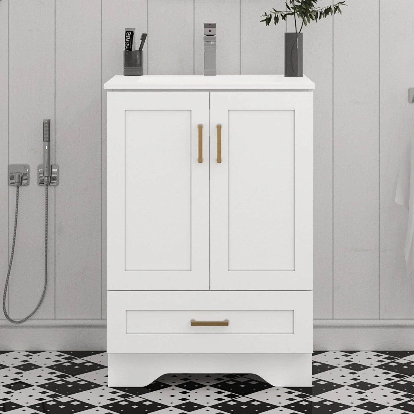 24" Bathroom Vanity with Ceramic Undermount Sink - Freestanding 2-Door & 1-Drawer Storage Cabinet, White