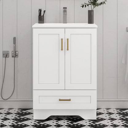 24" Bathroom Vanity with Ceramic Undermount Sink - Freestanding 2-Door & 1-Drawer Storage Cabinet, White