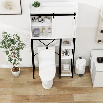 Royard Oaktree Farmhouse Over The Toilet Storage Cabinet, Bathroom Shelves Storage Organizer with Sliding Barn Door, Adjustable Shelves, and Storage Racks, White