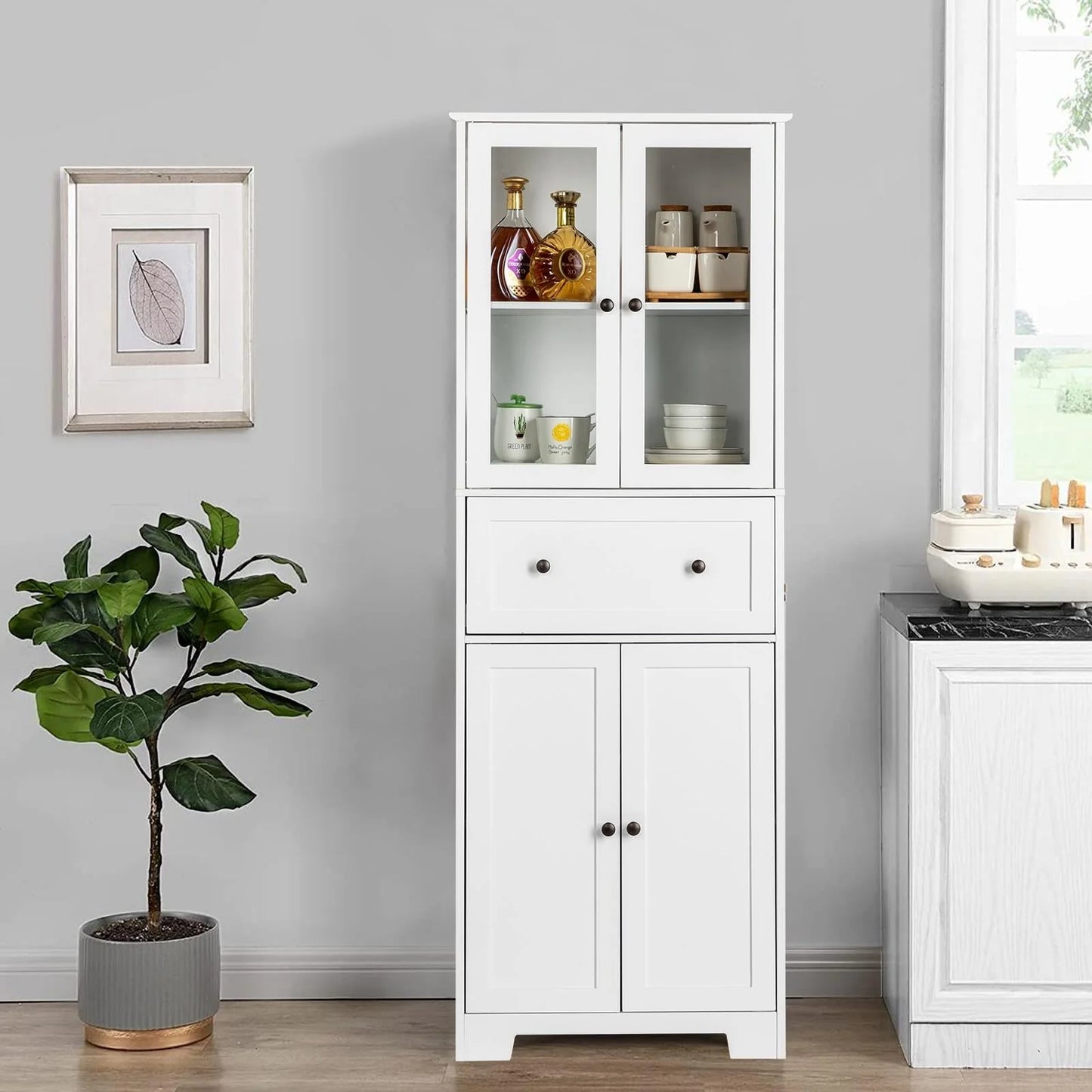 Ktaxon 64" Tall Bathroom Storage Cabinet Organizer, Freestanding Kitchen Pantry Cabinet Line Tower with 2 Glass Doors, Large Drawer & 4 Adjustable Shelves for Dining Room Living Room Home Office,White