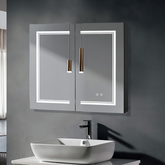 Ktaxon LED Lighted Medicine Cabinet with Mirror Bathroom Wall Cabinet w/Defogger, Dimmable, Memory function, Outlets & USB, 32"x28", Black