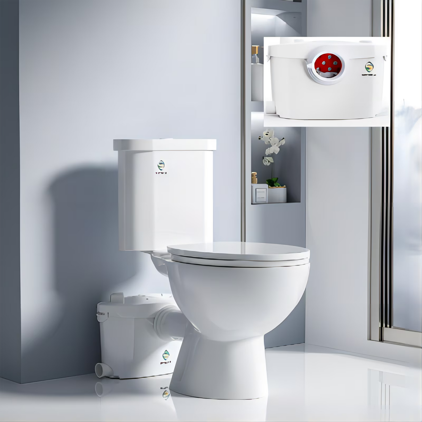 600watt Macerating Toilet with Pump, Upflush Toilet for Basement with 4water Inlets Connect Kitchen Sink Bathroom Included Macerator Pump, Water Tank, Toilet Bowl, Toilet Seat, Extension Pipe