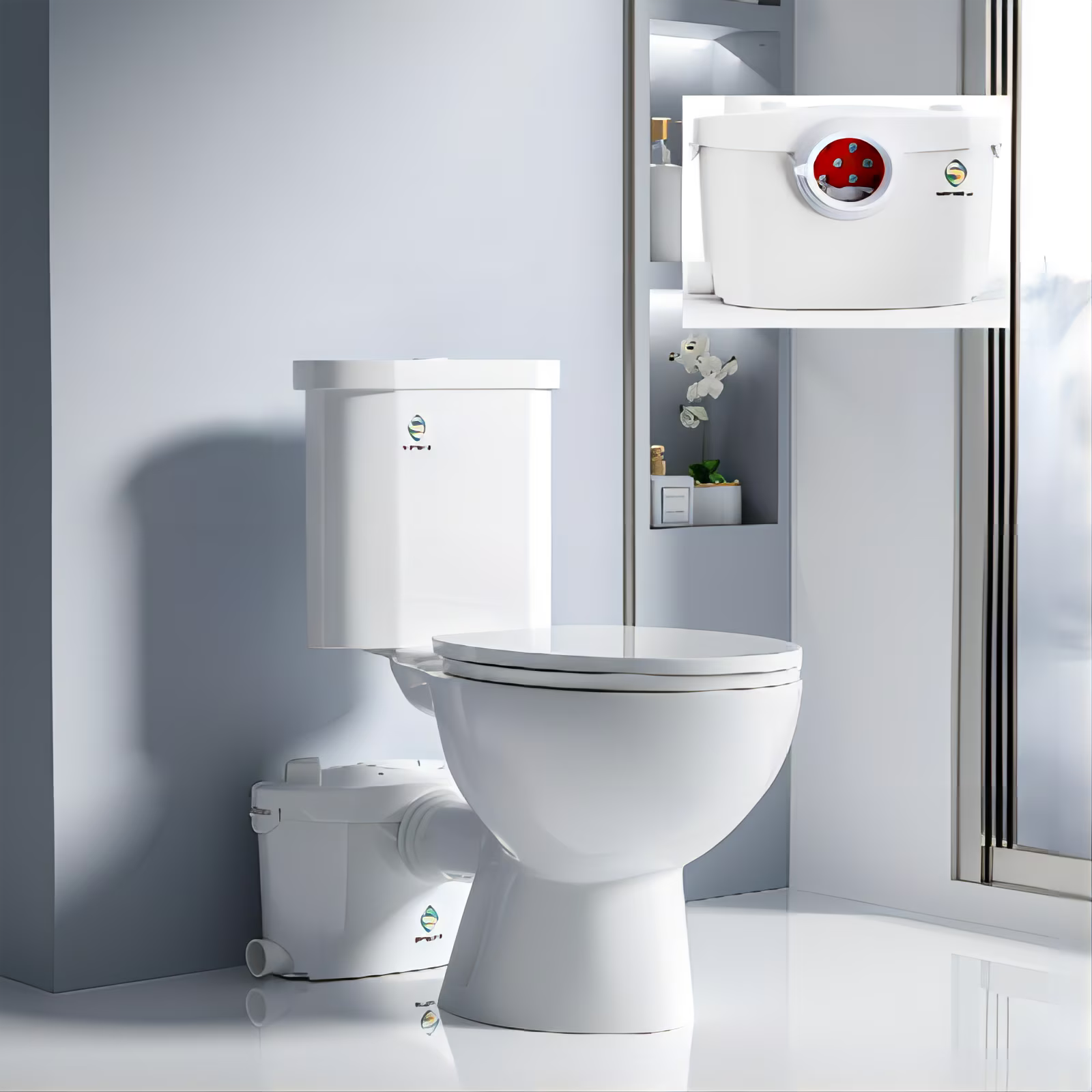 600watt Macerating Toilet with Pump, Upflush Toilet for Basement with 4water Inlets Connect Kitchen Sink Bathroom Included Macerator Pump, Water Tank, Toilet Bowl, Toilet Seat, Extension Pipe