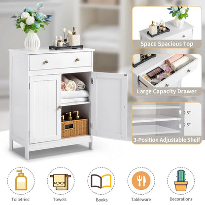 BaytoCare Wooden Free Standing Bathroom Floor Cabinet with Drawer and Double Doors, Bathroom Storage Organizer also Suitable for Kitchen Entryway Bedroom, White Finish