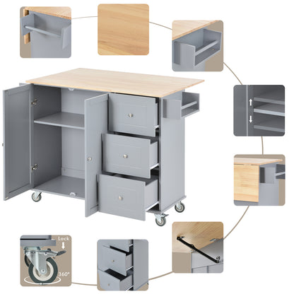 Kitchen Island Cart with Foldable Drop-Leaf Tabletop and Locking Wheels, 52.7" Rolling Kitchen Island Cart with 2 Door Cabinet and 3 Storage Drawers, Spice Rack and Towel Rack, Grey Blue
