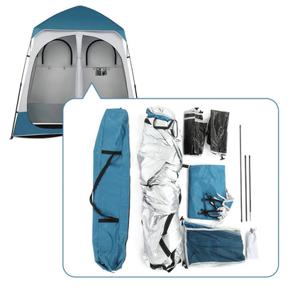 2 Rooms Camping Shower Tent, 7.5 FT Outdoor Pop up Changing 2 Room, Instant Extra Wide Privacy Shelter for Camping Dressing Toilet Bathroom with Carry Bag, Blue & White
