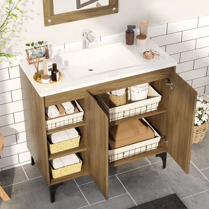 JUSTLET 36" Bathroom Vanity with Sink, Wood Bathroom Vanity Cabinet with Adjustable Shelf and Metal Legs, Bathroom Storage Cabinet with Resin Basin for Bathroom, Natural