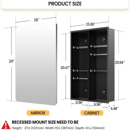 Joqixon Recessed Medicine Cabinets for Bathroom with Mirror: 16x24 Wall Mount Mirrored Vanity Chest - 16 x 24 inch Small Storage Cabinet with Adjustable Shelves