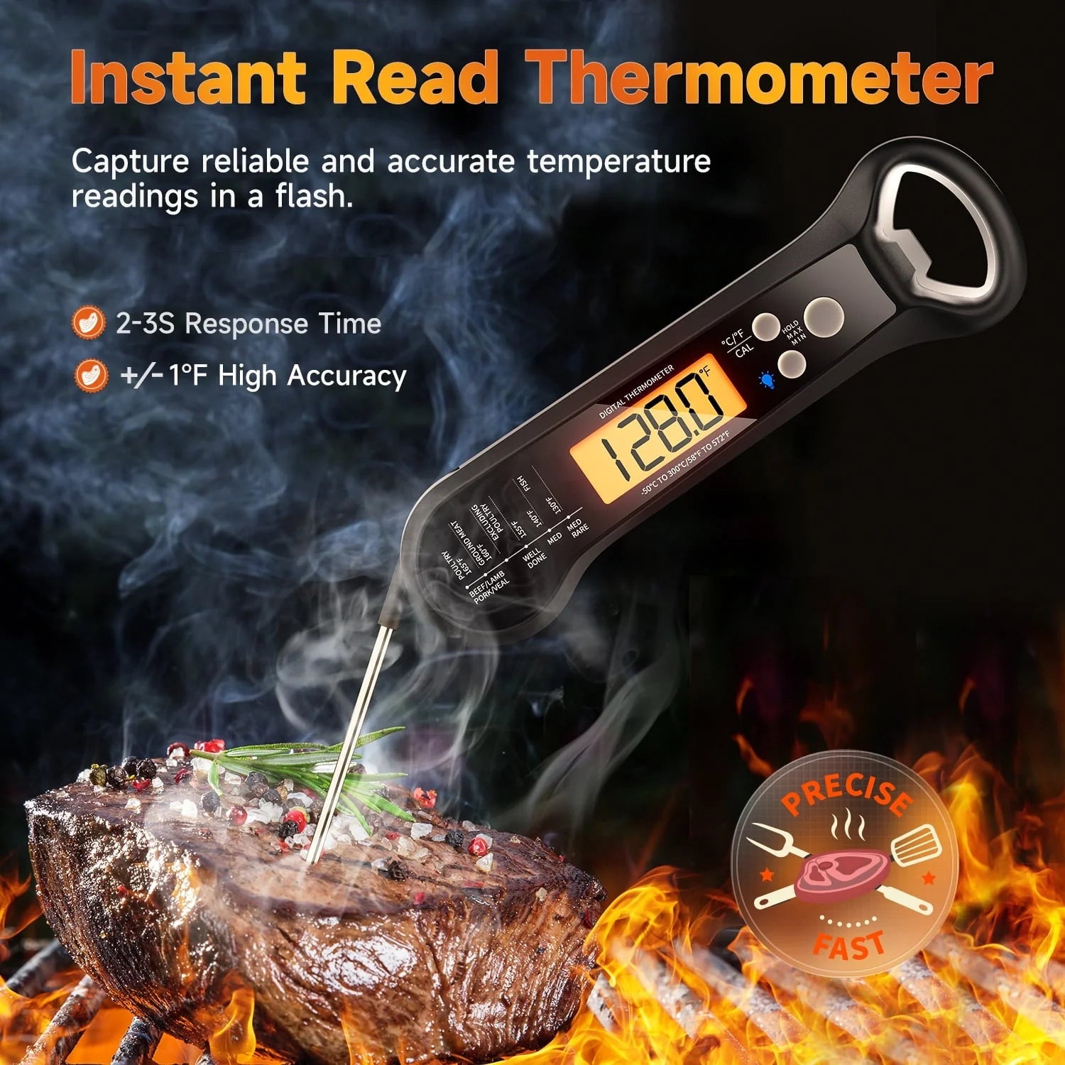 Digital Meat Thermometer with Folding Probe, IPX7 Waterproof Food Thermometer for Cooking, Instant Read Thermometer with LED Backlit Display, Bottle Cap Opener for Kitchen, BBQ, Grill