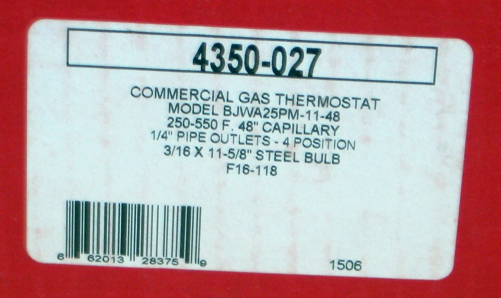Robertshaw Gas Thermostat, 1/4 in Pipe,250 to 550 F 4350-027