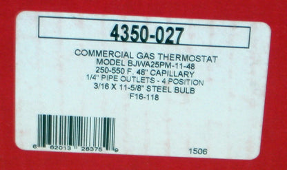 Robertshaw Gas Thermostat, 1/4 in Pipe,250 to 550 F 4350-027