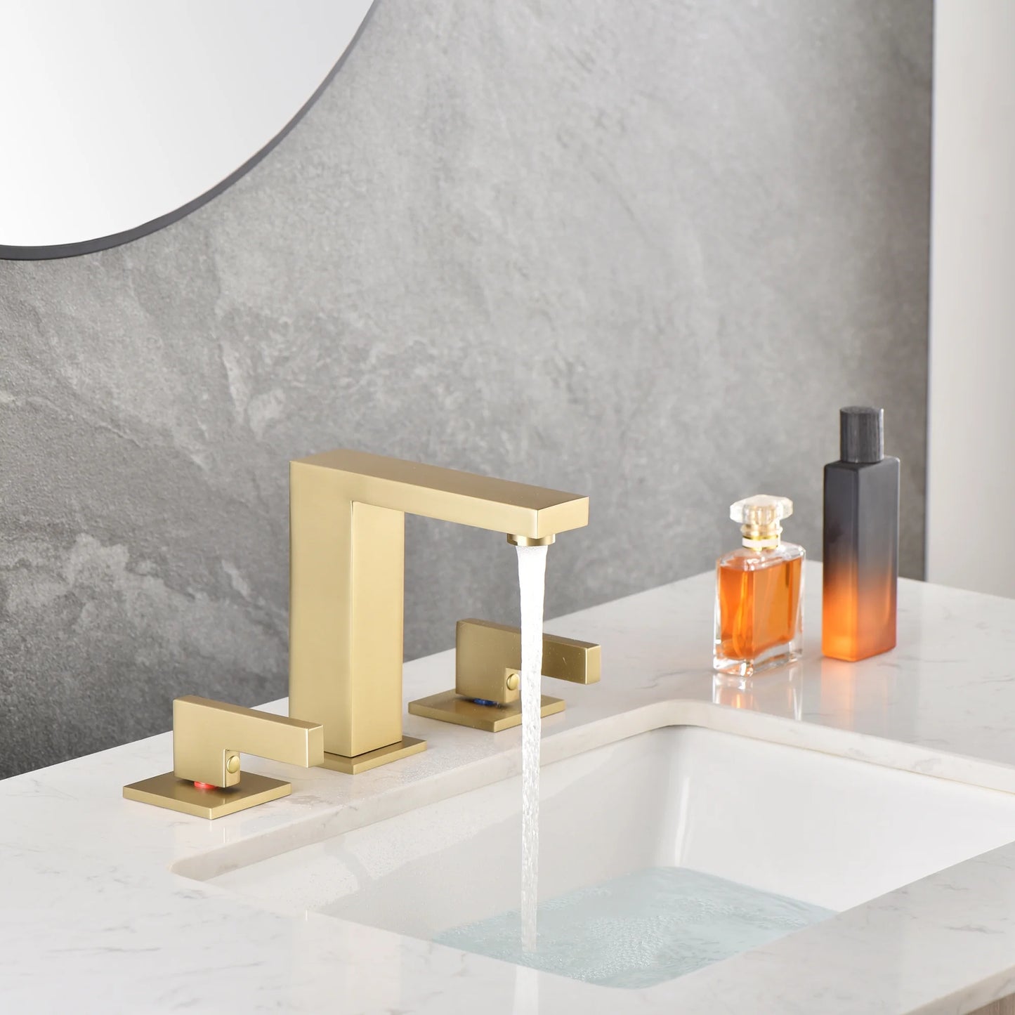 sumerain Brushed Gold 8 Inch Widespread Bathroom Faucet 2 Handle Lavatory Faucet Solid Brass, with Quick Connect Hose