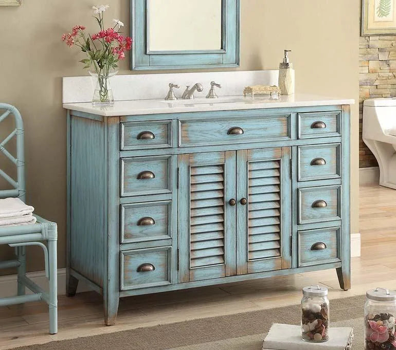 Benton Collection 46" Distressed Blue Farmhouse Bathroom Vanity with White Marble Top