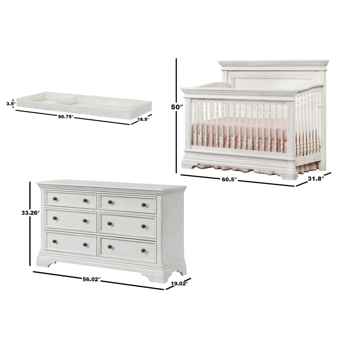 Imagio Baby Ashley 3-piece Crib Set, w/Dresser and Chifferobe, Brushed White