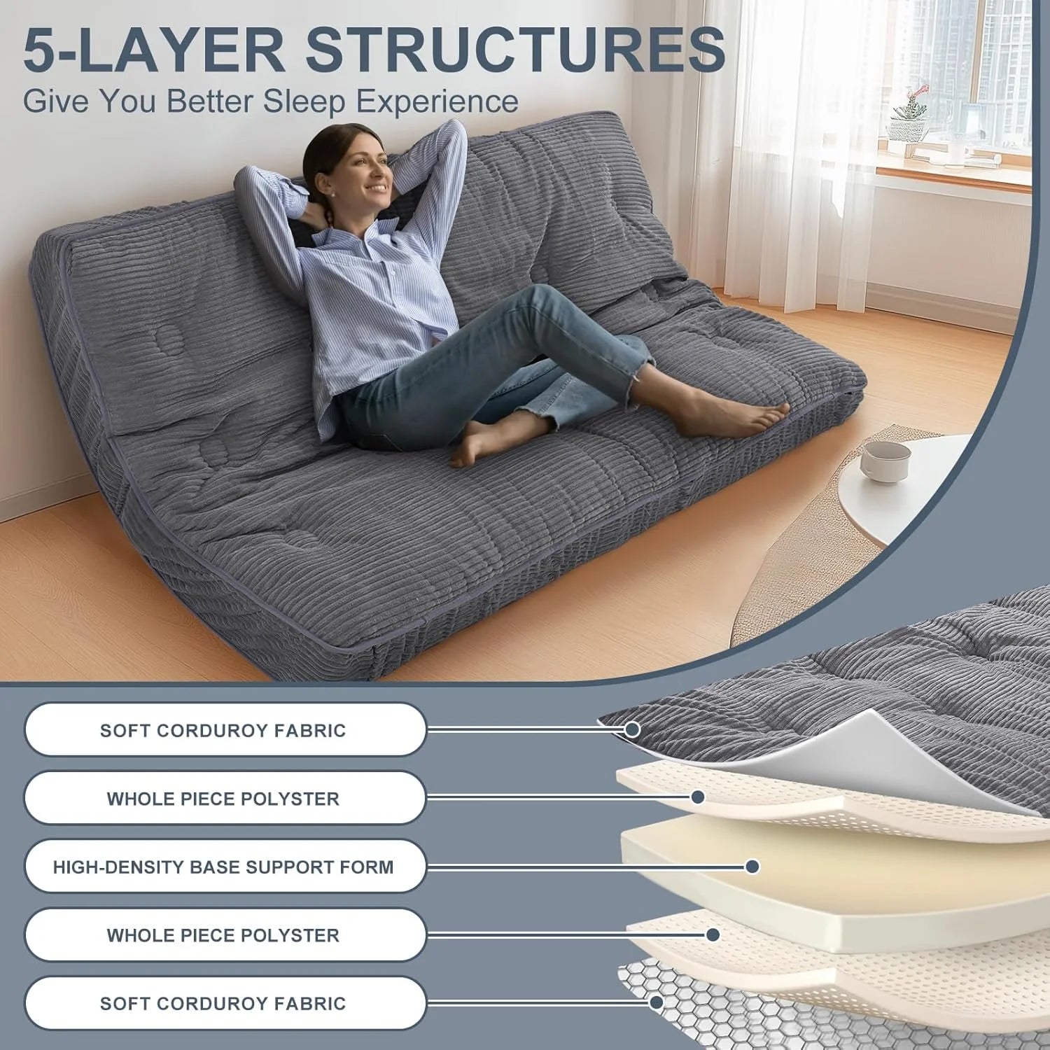 Slsy 6" Daybed Futon Mattress Memory Foam Futon Mattress, Thick Folding Sleeping Pad Breathable Floor Mattress for Adults, 5-Layer Foam Filling (Frame Not Included)