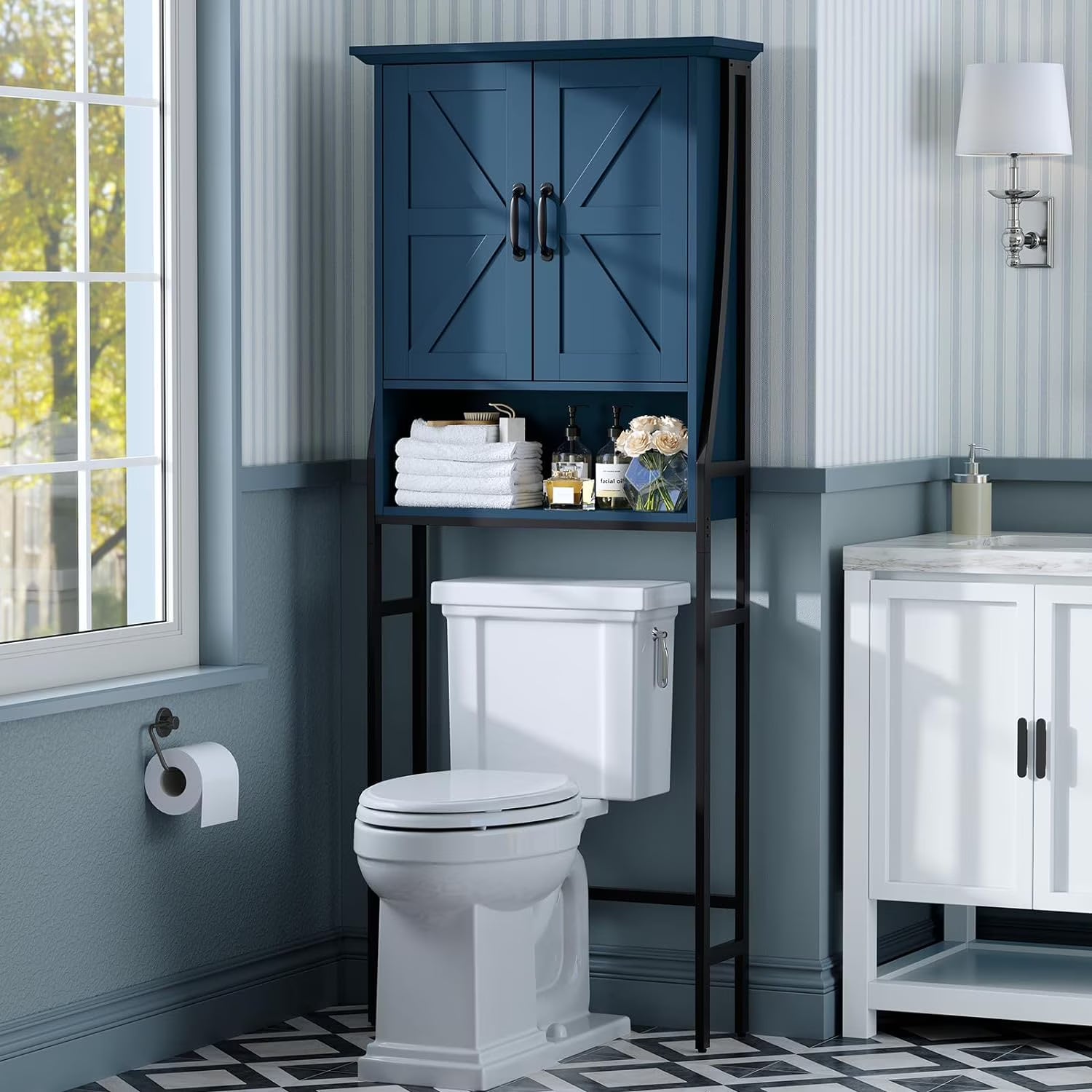 Over The Toilet Storage Cabinet, Over Toilet Bathroom Organizer, Above Toilet Storage Cabinet with Barn Doors Behind Toilet Bathroom Organizer Over-The-Toilet Cabinet (Cream White)