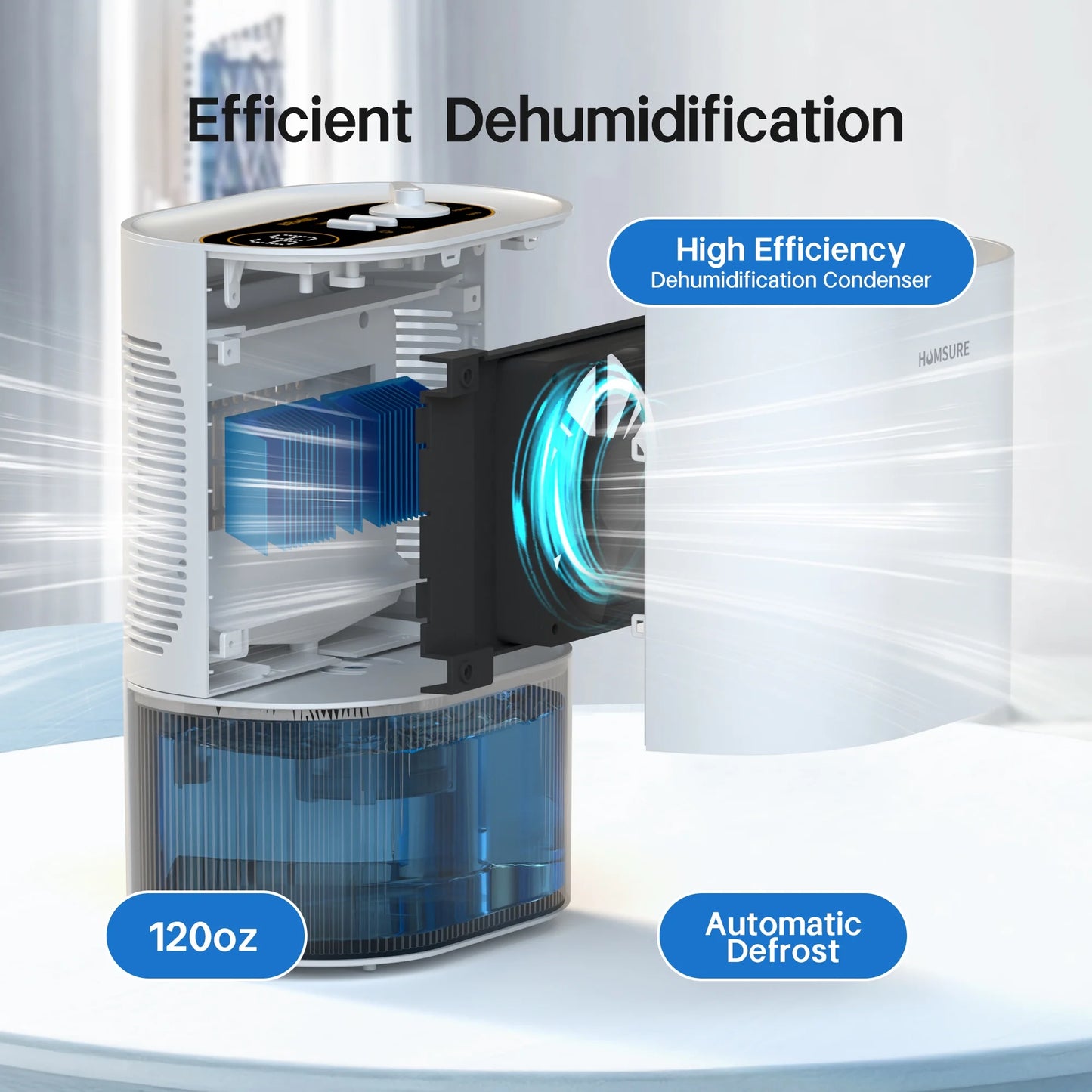 HUMSURE Dehumidifier 120 oz. Large Capacity Tank, Powerful Dehumidifier LED Display with Timer 7-Colour Ambient Light, Auto off, Sleep Mode, Timer, Energy Efficient Cabinet Bathroom