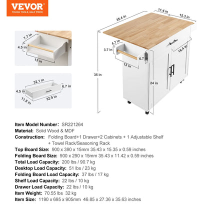 VEVOR Kitchen Island Cart with Solid Wood Top, 35.4" Width Mobile Carts with Storage Cabinet, Rolling Kitchen Table with Spice Rack, Towel Rack, Drop Leaf and Drawer