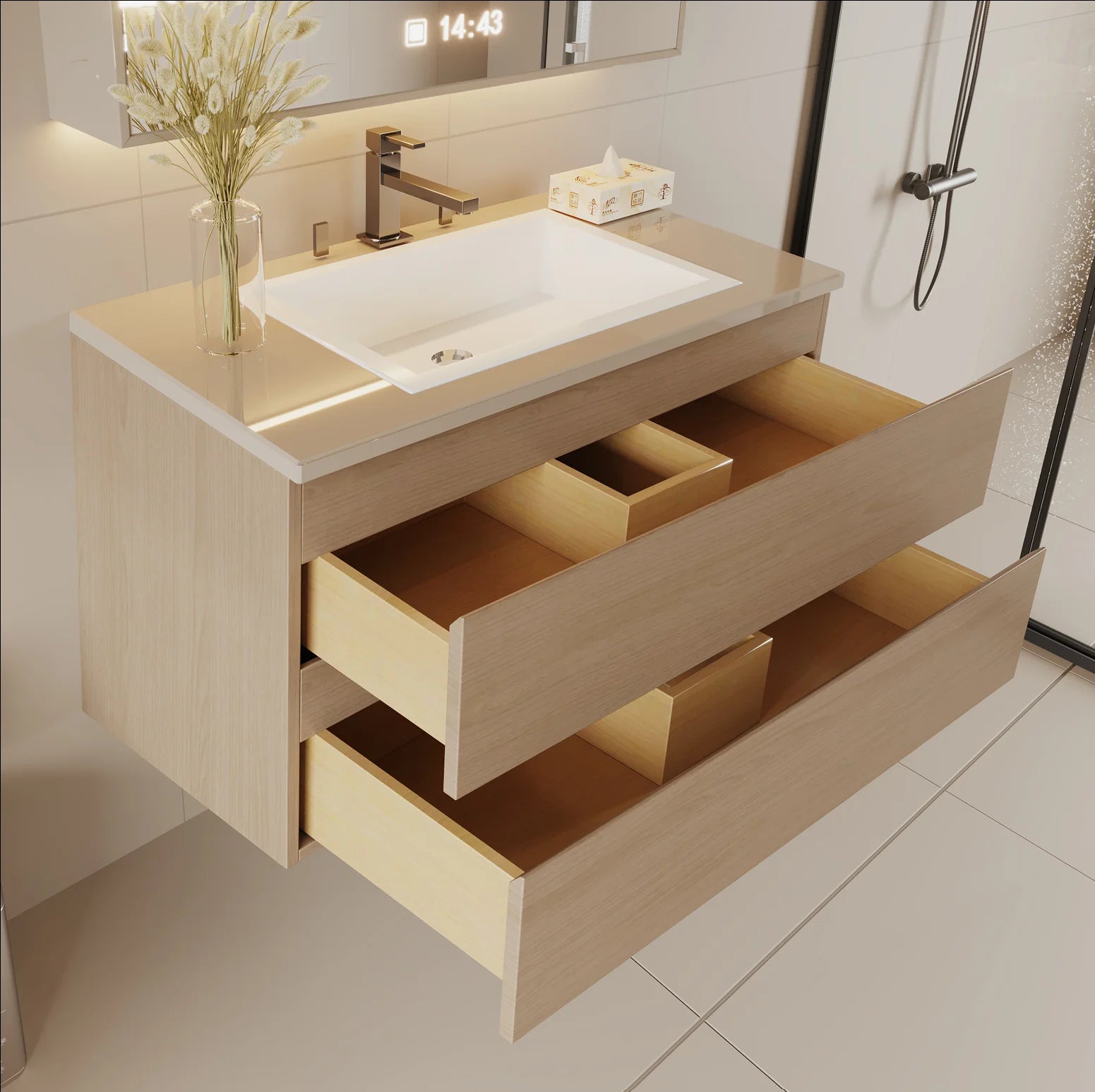 24" Width Wall-Mount Bathroom Vanity Modern Floating Vanity with Soft-Close Drawers, Laminate Doors, Plywood Construction, Cosmo Sand