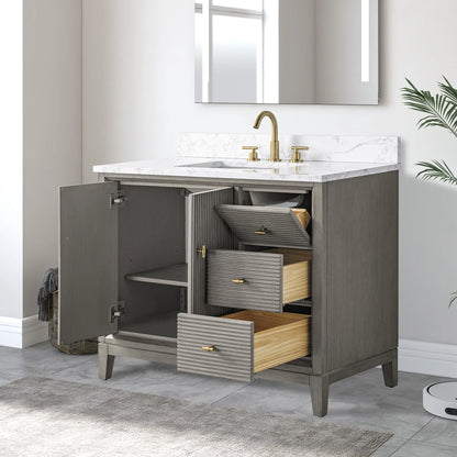 Vanity Art 42" Bathroom Vanity with Sink and Engineered Marble Top, Freestanding Storage Cabinet with 2 Drawers, 1 Shelf and Flip Down Tray