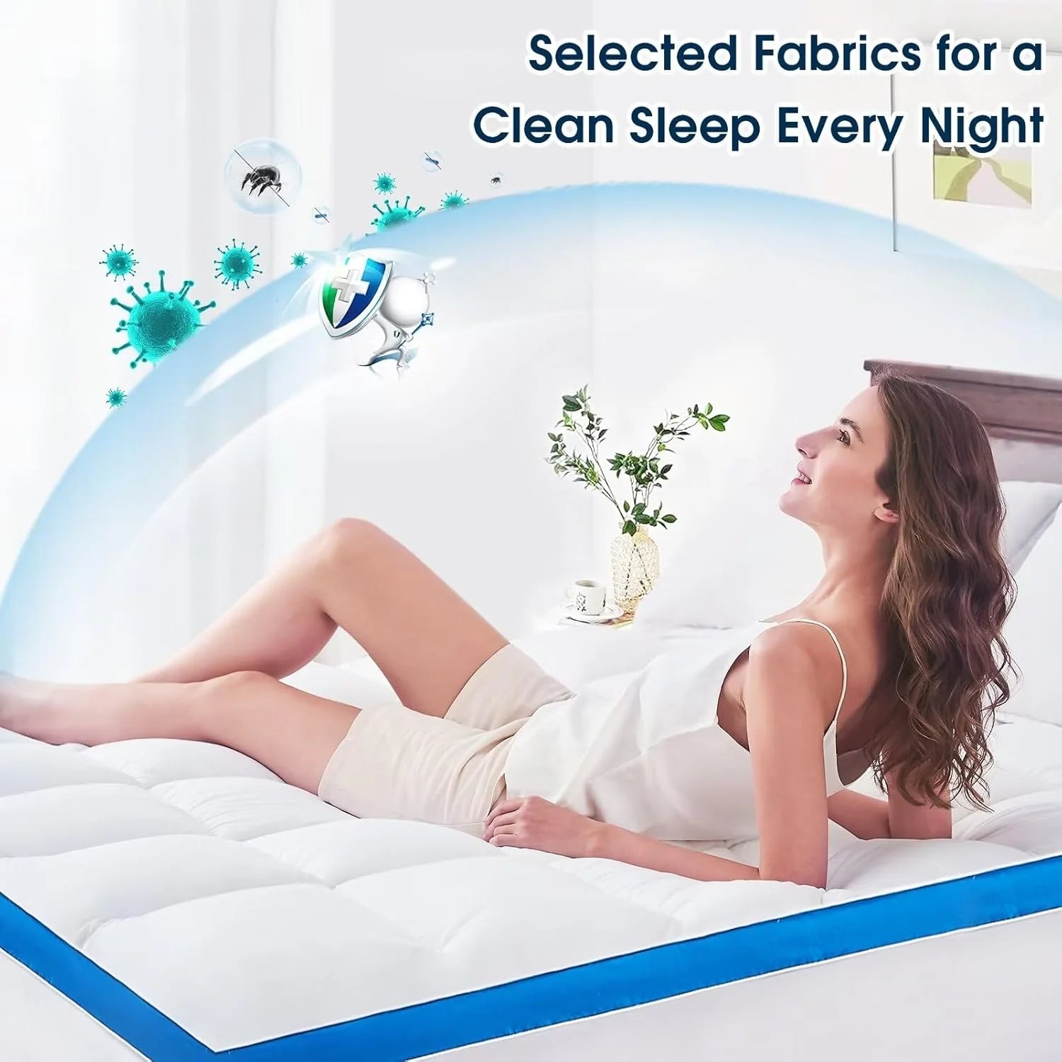 Mattress Topper Short Queen Size, PillowTop Mattress Pad Cover for Bed Back Pain, Cooling Mattress Protector Extra Thick Firm Soft Floor Fill Overfilled with 8-21 Inch Deep Pocket, 60"x75"Navy