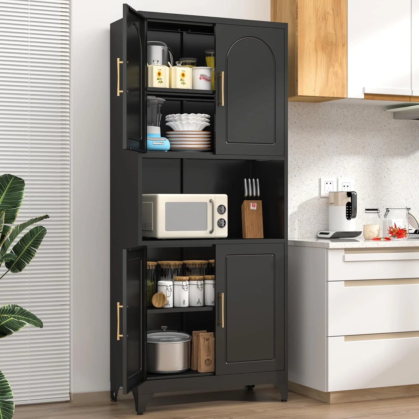 75" Metal Kitchen Pantry Storage Cabinet,Kitchen Hutch Food Pantry Cabinet with Microwave Stand,Freestanding Larder Cupboard with Doors and Adjustable Shelves for Bathroom, Living Room