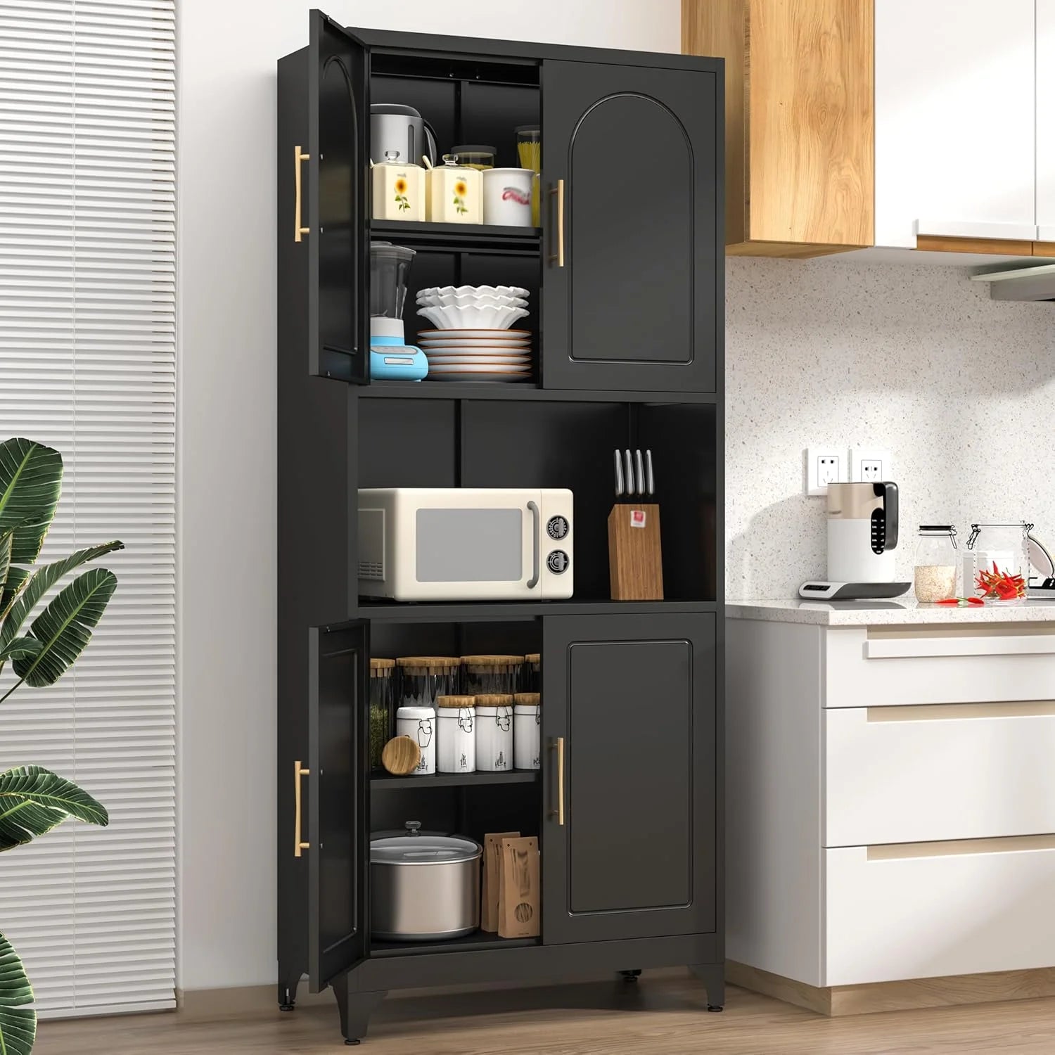 75" Metal Kitchen Pantry Storage Cabinet,Kitchen Hutch Food Pantry Cabinet with Microwave Stand,Freestanding Larder Cupboard with Doors and Adjustable Shelves for Bathroom, Living Room