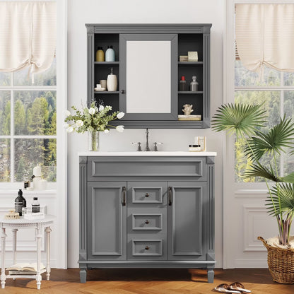 Modern Bathroom Cabinet Set with Top Sink, Bathroom Vanity with Wall Mounted Bathroom Storage Cabinet, 2 Soft Closing Doors, 2 Drawers, Water-Resistant Paint, Grey