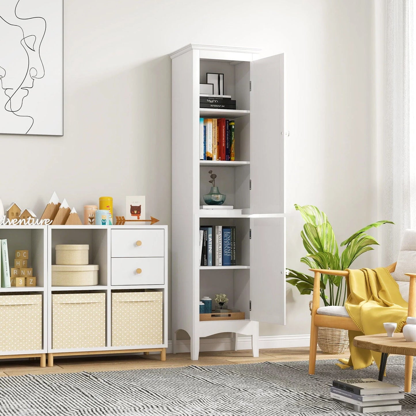 Vicamelia Bathroom Floor Cabinet Narrow Linen Tower w/2 Doors & Adjustable Shelf, Tall Kitchen Pantry Cabinet, White