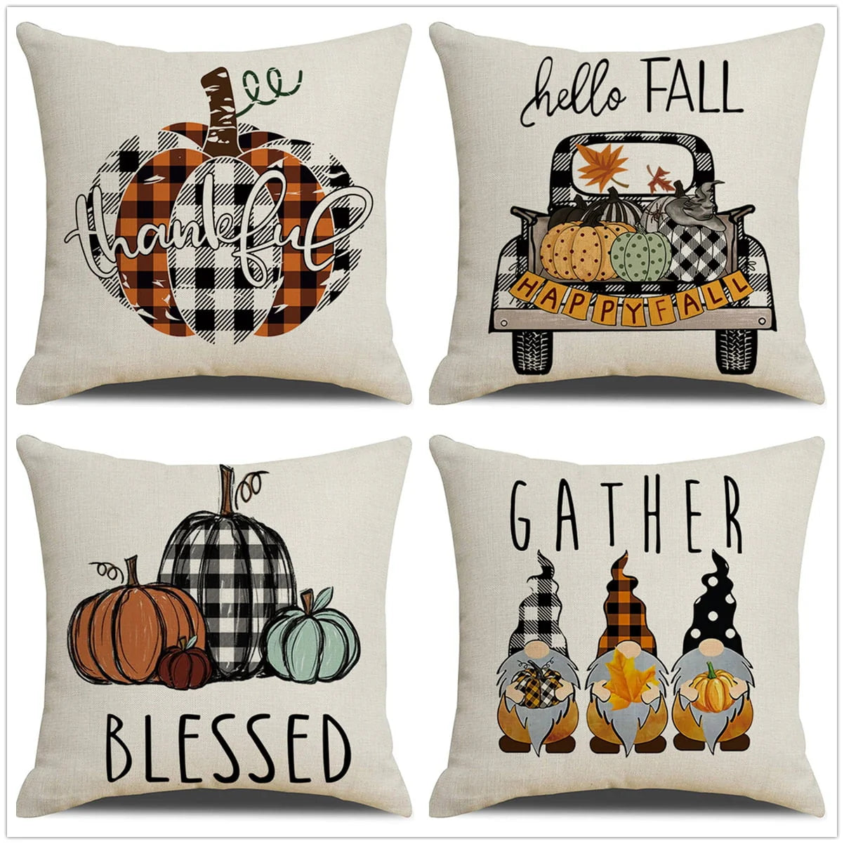 Thanksgiving Throw Pillow Covers for Thanksgiving Decor Farmhouse Buffalo Check Plaid Pumpkin Outdoor Pillows for Thanksgiving day Home Decor 18x18 in, Set of 4