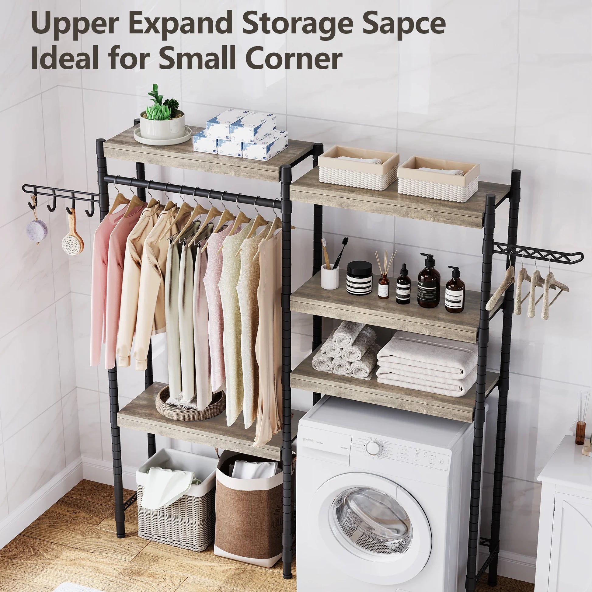 5 Tier Wood Over The Washer and Dryer Storage Shelf, Adjustable Height Laundry Drying Clothes Racks Bathroom Shelf