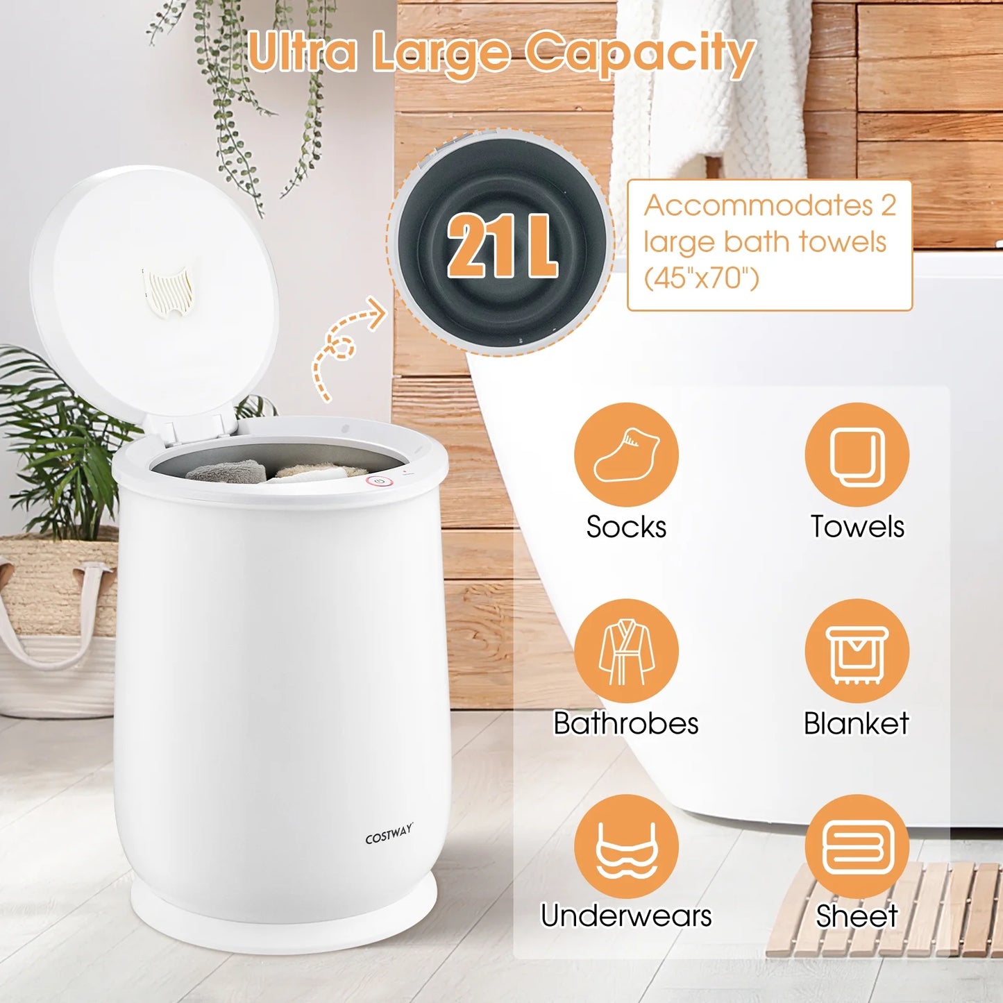 Costway 21L Large Capacity Towel Warmer with Flip-top Lid Auto Shut off Fragrance Holder White
