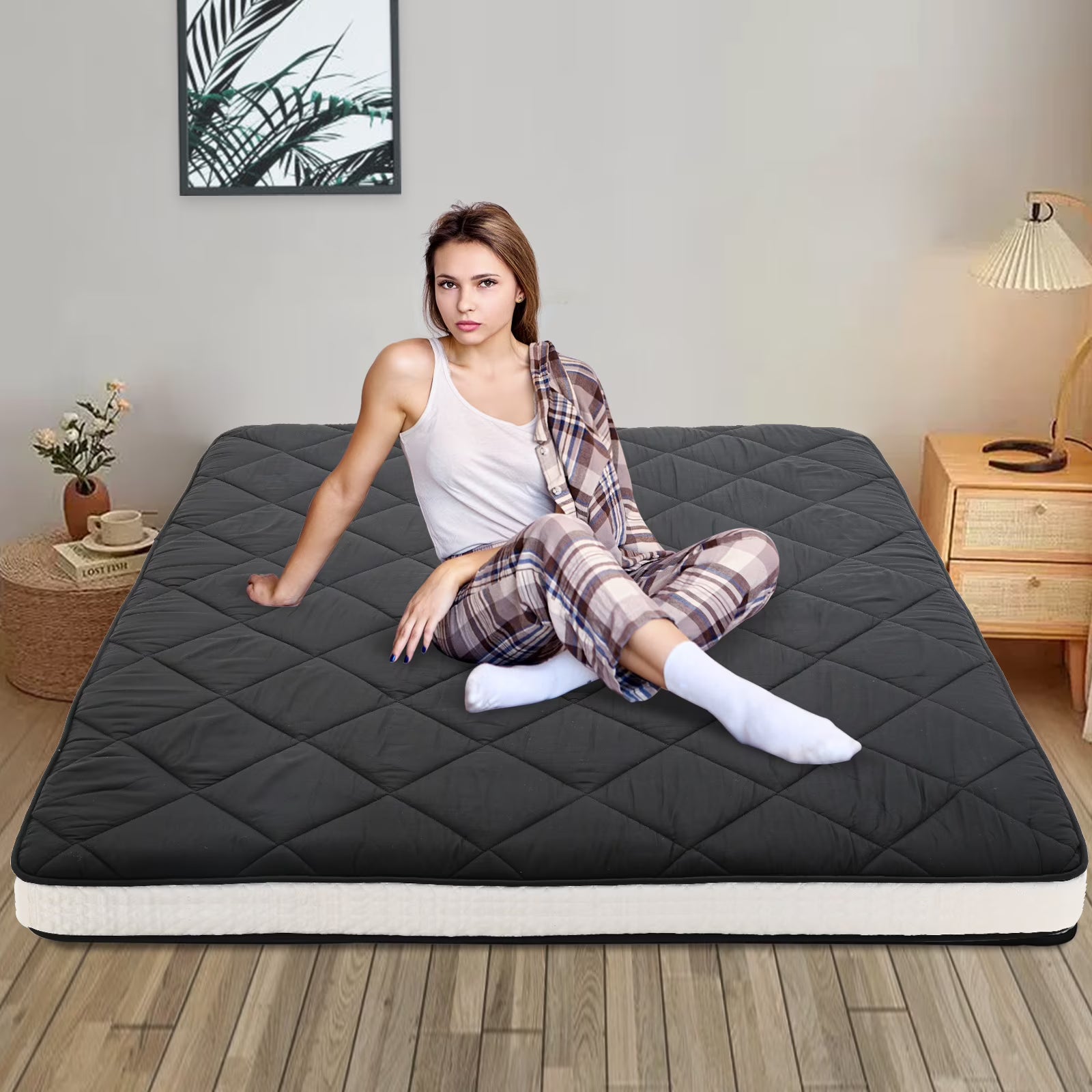 NAIZEA Diamond Patterned Futon Mattress, Extra Thick Japanese Floor Mattress Quilted Mattress Topper, Folding Floor Lounger Guest Bed Padded Sleeping Pad for Touring Car Camping,Twin