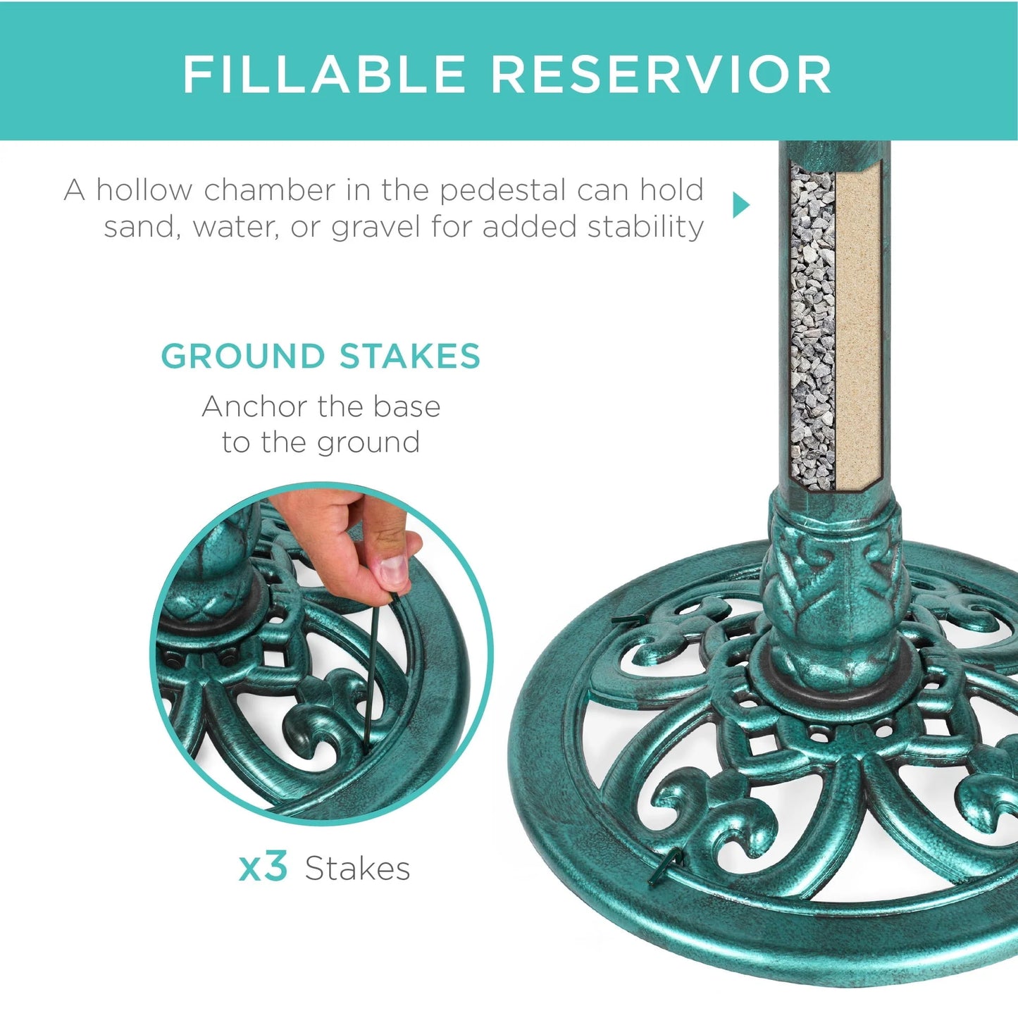 Best Choice Products Outdoor Rustic Pedestal Bird Bath Accent for Garden, Yard w/Fleur-de-Lis Accents Green