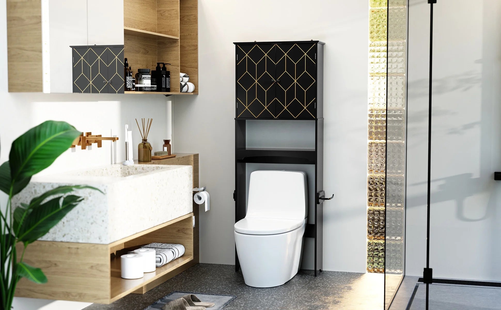 HLR Over The Toilet Storage Cabinet, Bathroom Above Toilet Storage Cabinet with Doors and Adjustable Shelves, Black