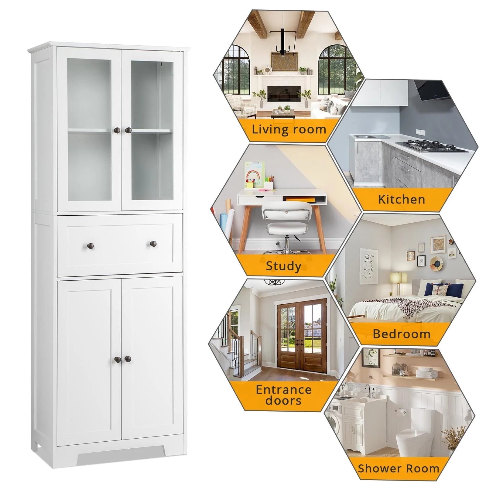 Ktaxon 64" Tall Bathroom Storage Cabinet Organizer, Freestanding Kitchen Pantry Cabinet Line Tower with 2 Glass Doors, Large Drawer & 4 Adjustable Shelves for Dining Room Living Room Home Office,White