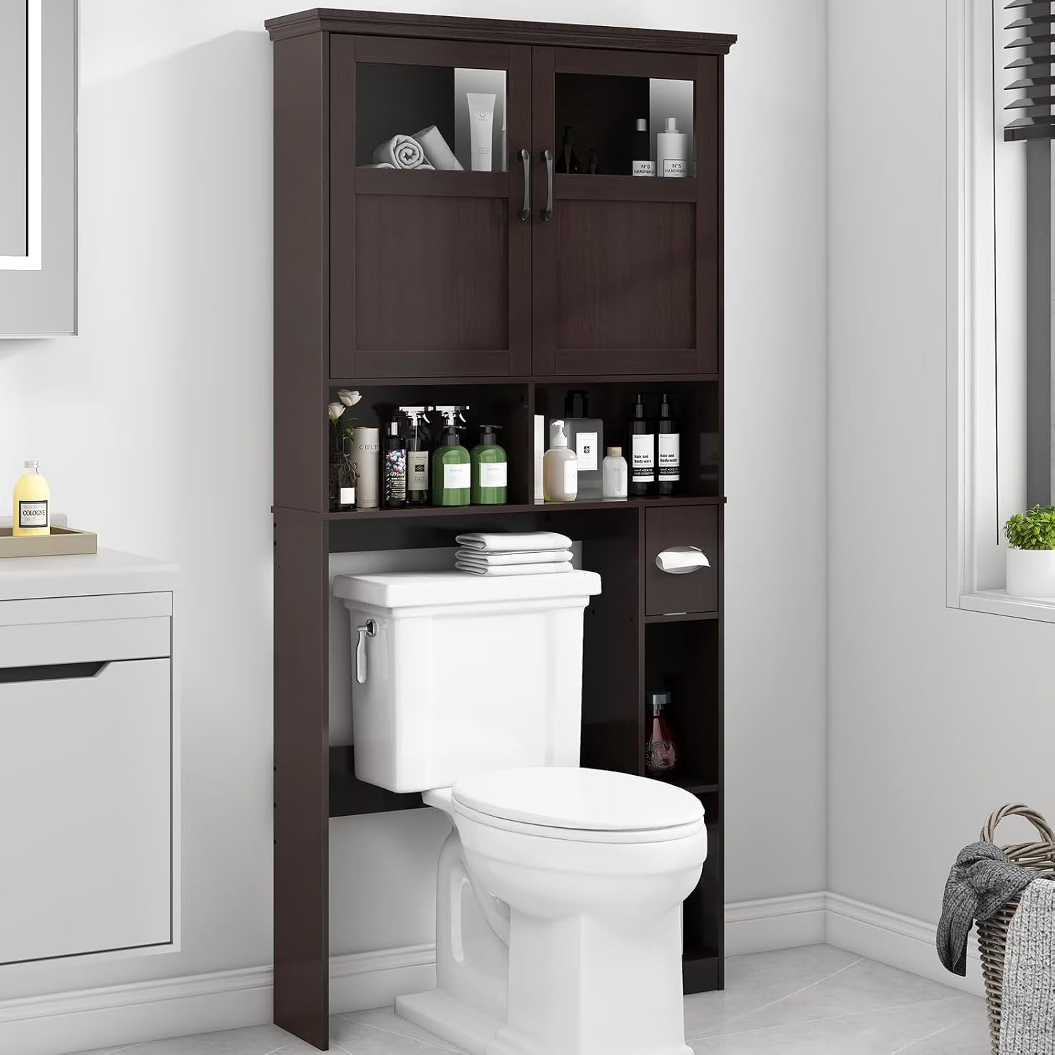 Over The Toilet Storage Cabinet, Storage Cabinet Over Toilet with Double Doors & Toilet Paper Holder Stand, Freestanding Toilet Shelf Space Saver with Anti-Tip Design & Adjustable Shelf, Black
